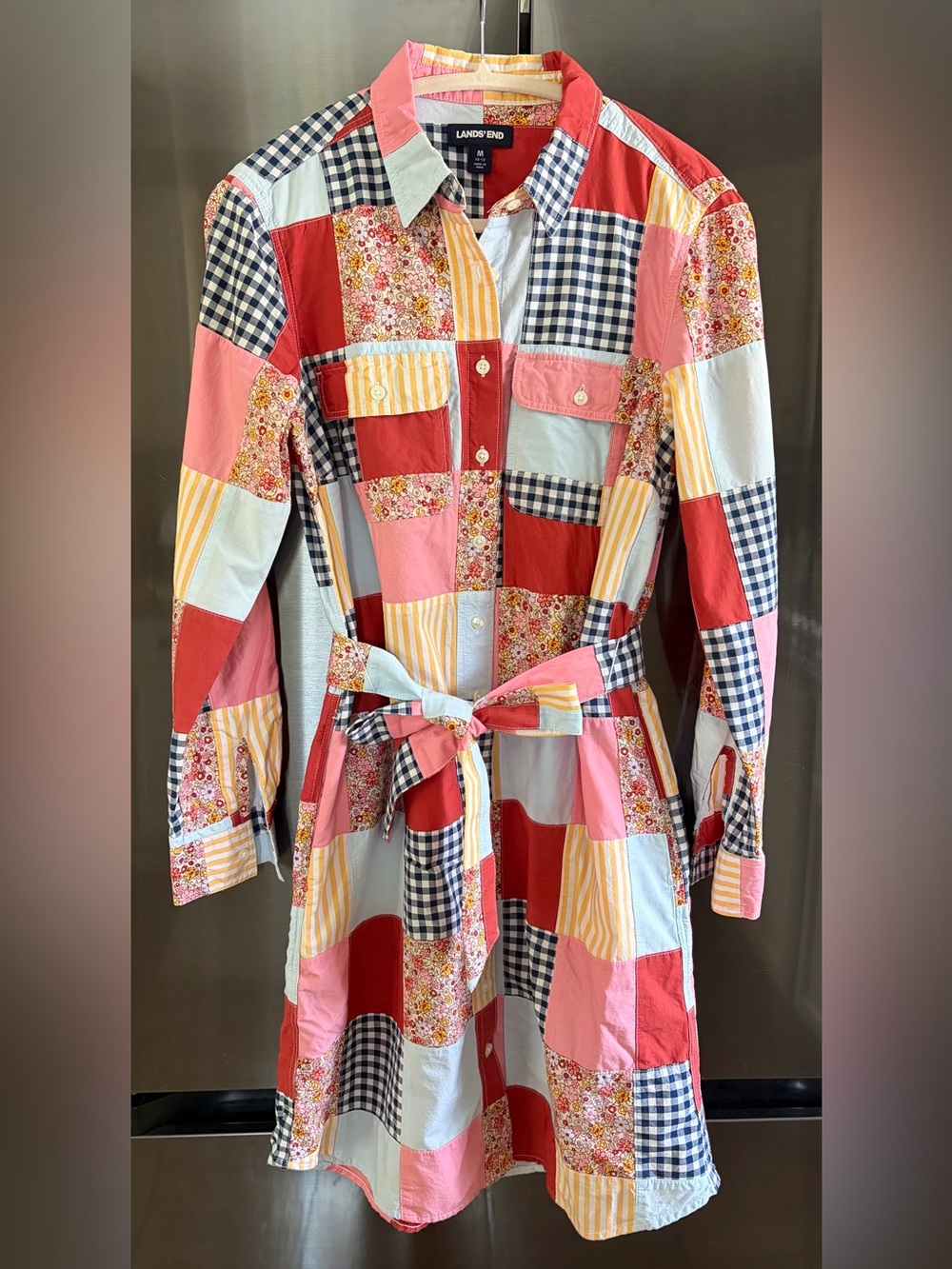 Lands' End Preppy Patchwork Grandmillenial Cottage Coastal Shirt Dress EUC 10-12